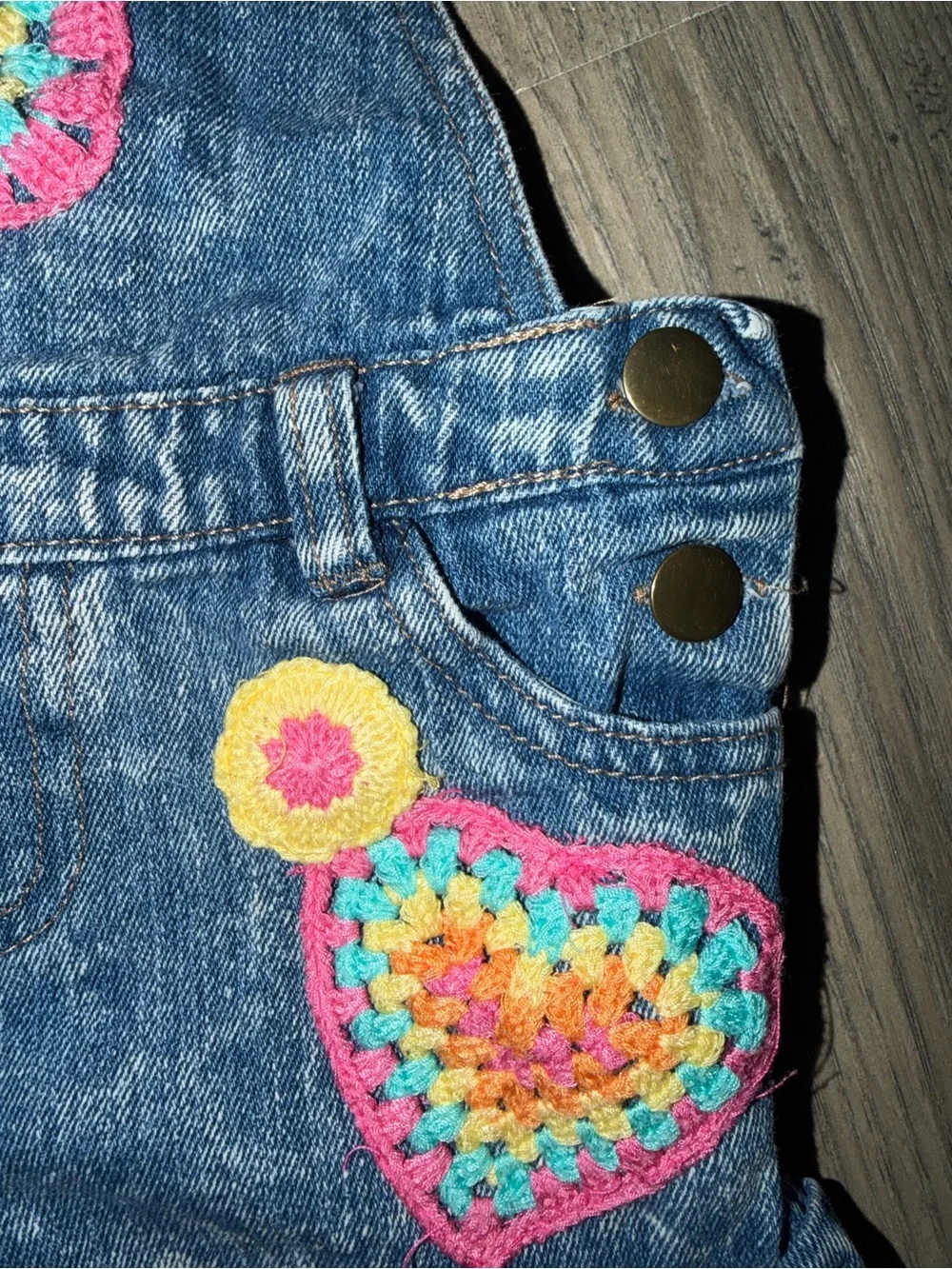 Denim Short Overalls with Multicolor Crochet Accents - Blue